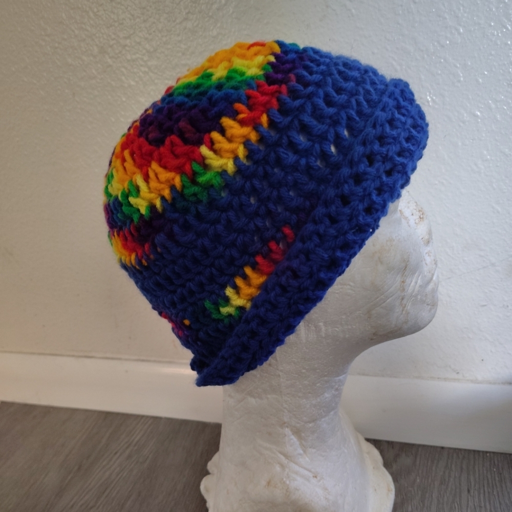 Vtg 70s Rainbow Crochet Beanie Hat Handmade Spiral Unisex Hippie Boho Cap